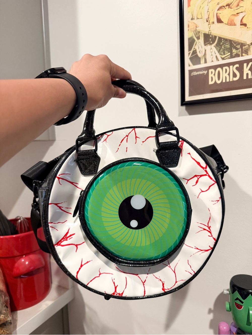 Kreepsville 666 Eyeball Black Glitter Backpack Purse